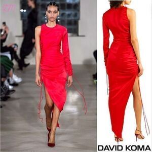 David Koma FW‎ 2019 Collection Red Satin Asymmetrical Short Dress US 2 / UK 6